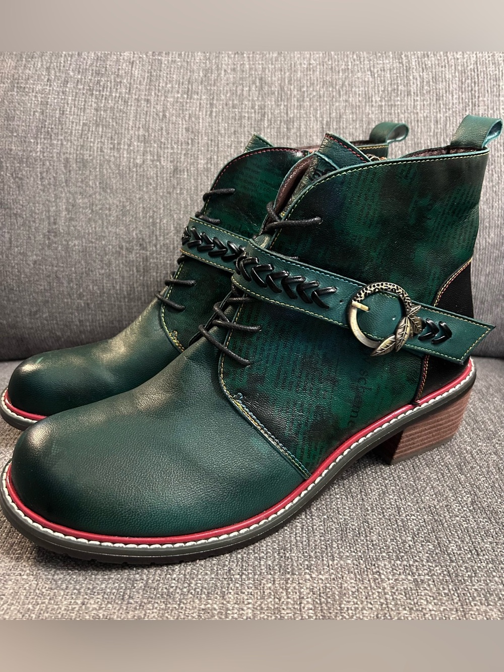 Iliyah Leather Women's Green Ankle Boots with Decorative Buckle size 42/ US11